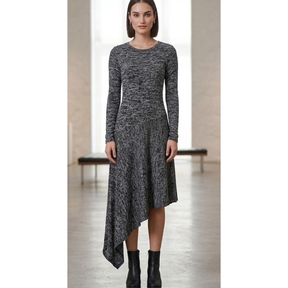 BCBGMAXAZRIA S Black White Space Dye Asymmetrical Hem Knit Bodycon Dress NEW